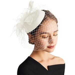 FASCINATORS Hat Flower Mesh Ribbons Feathers for Girls and Women, Ivory White